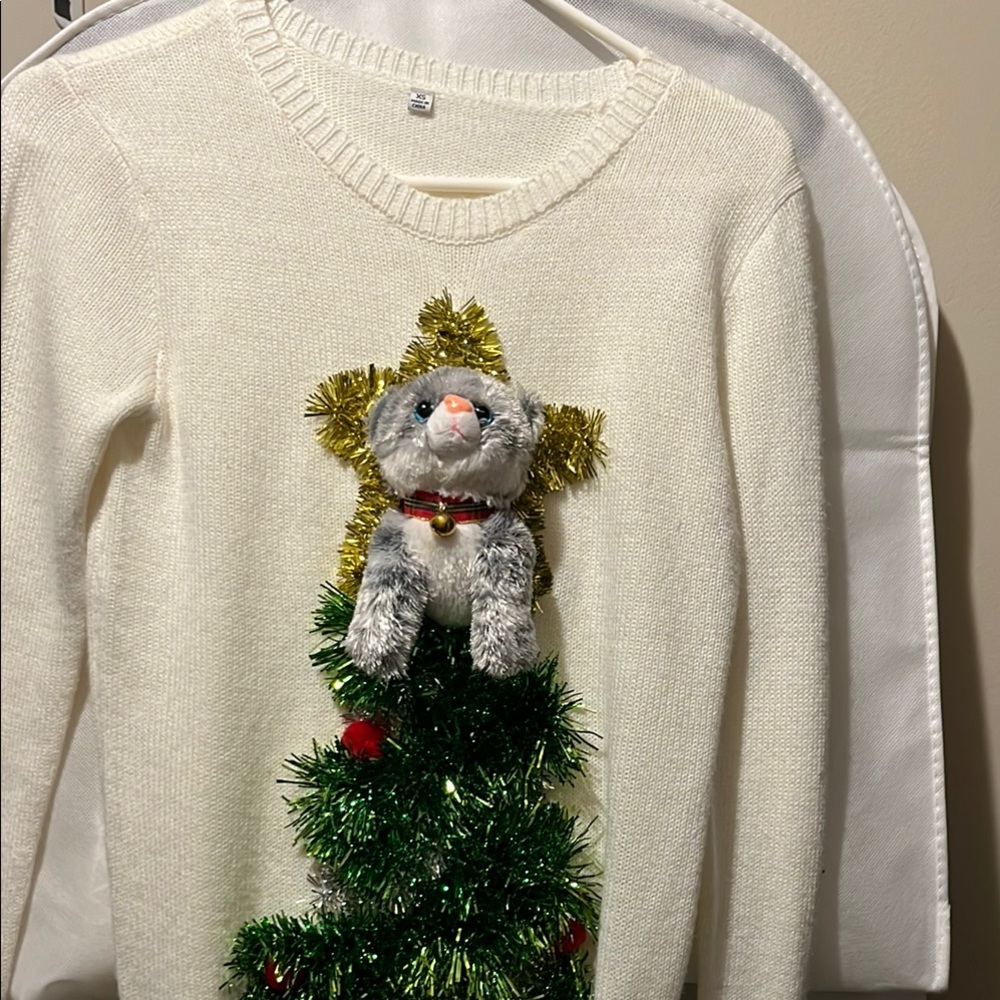 Festive White Sweater with Cat and Tree Design